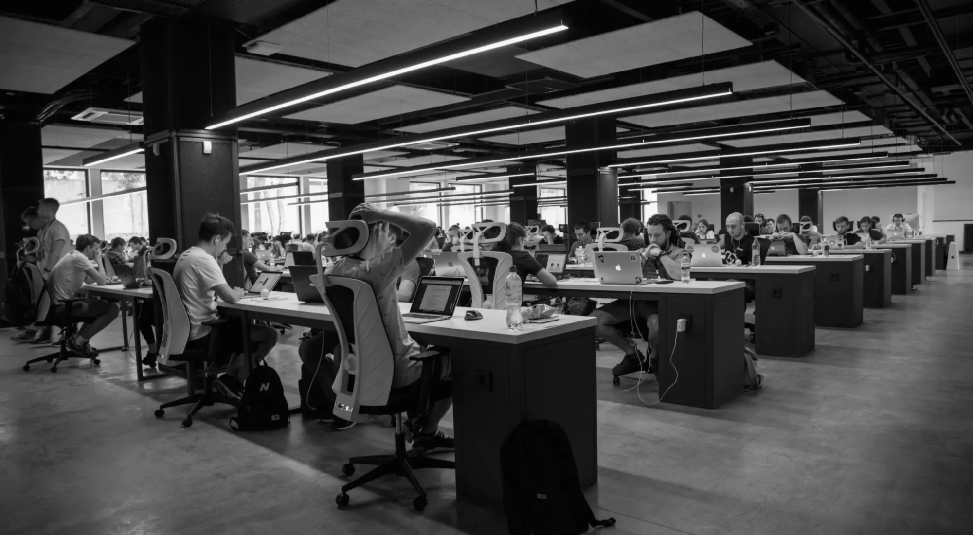 A bright open office with people at their desks